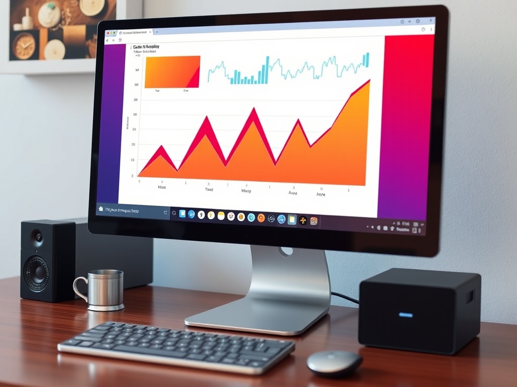 A desktop computer monitor displays a colorful line and bar graph with data from June to December. A keyboard, a small black speaker, a metal mug, and a black device are placed on a wooden desk. - Ketamine