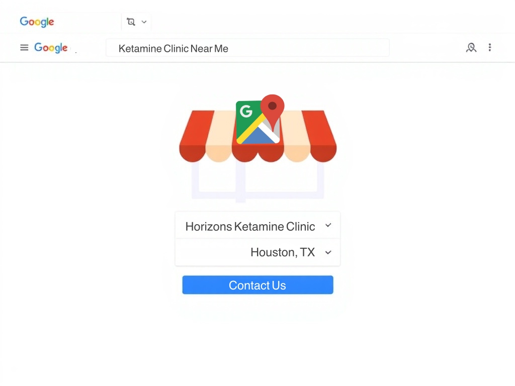 A Google search bar showing "Ketamine Clinic Near Me." Below is an illustration of a store icon with a red location pin. Text reads "Horizons Ketamine Clinic, Houston, TX," and there's a "Contact Us" button underneath. - Ketamine