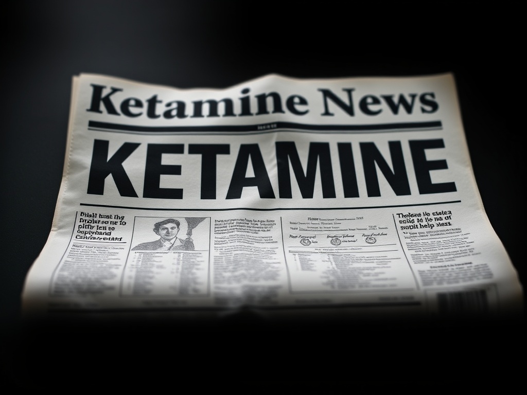 A newspaper titled "Ketamine News" features the bold headline "KETAMINE" across the front page. There is a black-and-white photograph and several columns of text beneath the headline. The background is dark, emphasizing the newspaper. - Ketamine