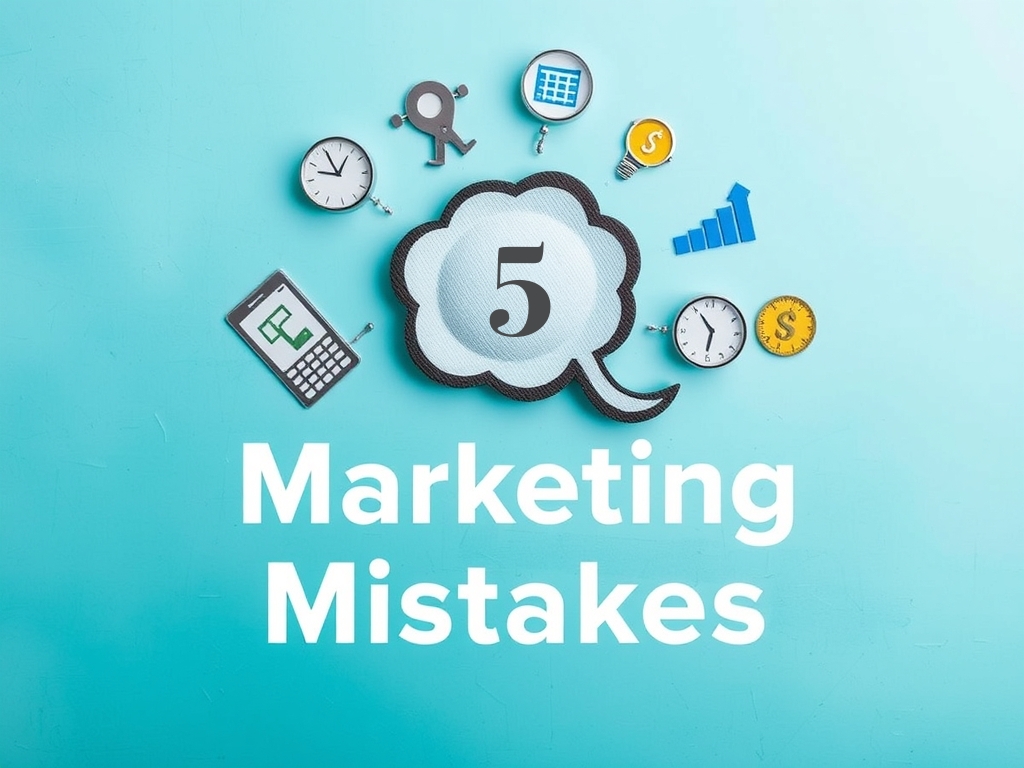 The image features the text "5 Marketing Mistakes" on a light blue background with a cloud graphic above. Surrounding the cloud are various icons, including clocks, a magnifying glass, gears, a bar chart, and currency symbols. - Ketamine