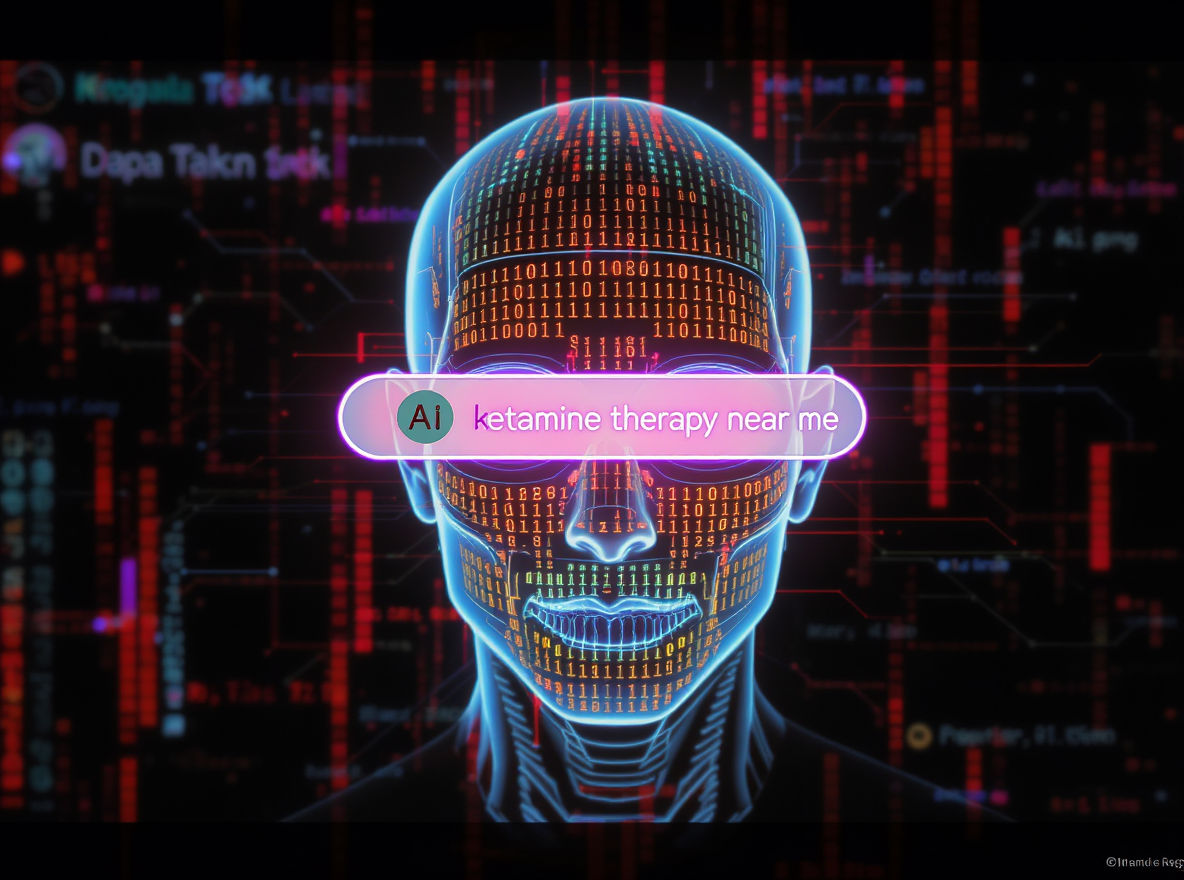 A digital illustration of a human head with binary code and neon blue outlines, wearing futuristic glasses. A search bar powered by AI search displays "ketamine therapy near me" across the face against a dark, tech-inspired background. - Ketamine