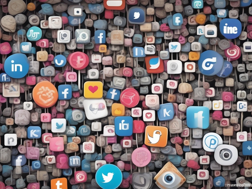 A collage of various social media icons, including Twitter, Facebook, LinkedIn, Instagram, and others, displayed on a textured background with small square tiles. The icons are colorful and distributed evenly across the image. - Ketamine