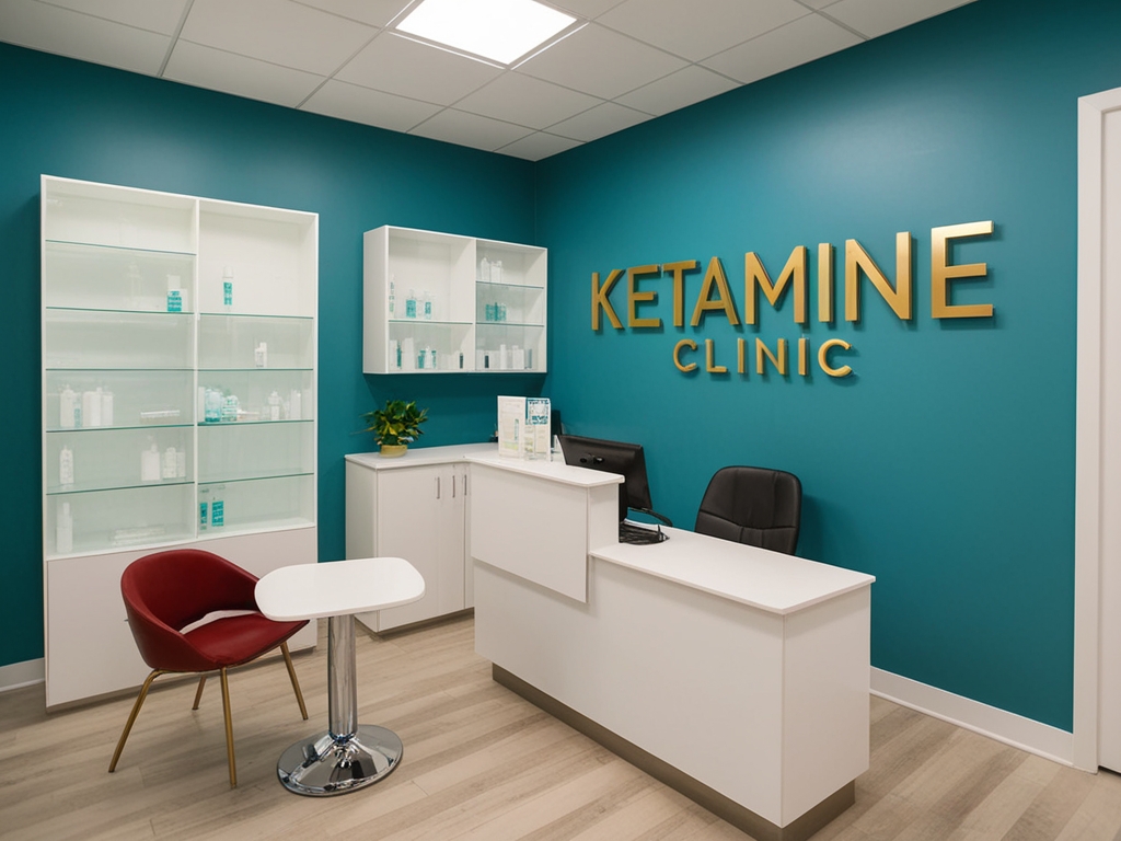 A modern clinic reception area boasts a teal accent wall adorned with "Ketamine Clinic" in gold letters, seamlessly merging both style and ketamine clinic marketing. It features a sleek white desk with a computer, accompanied by a red chair and table, plus glass shelves showcasing products. - Ketamine