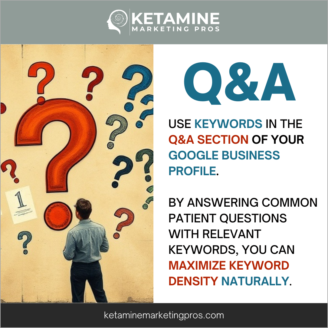 A man stands in front of a large brown question mark on a wall surrounded by smaller question marks. Text on the right reads: "Q&A: Use keywords and posts in the Q&A section of your Google Business Profile..." along with additional marketing advice. - Ketamine