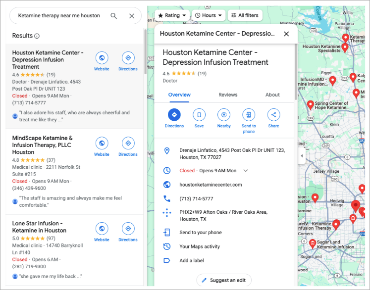 Google Business Profile Houston Ketamine Clinics