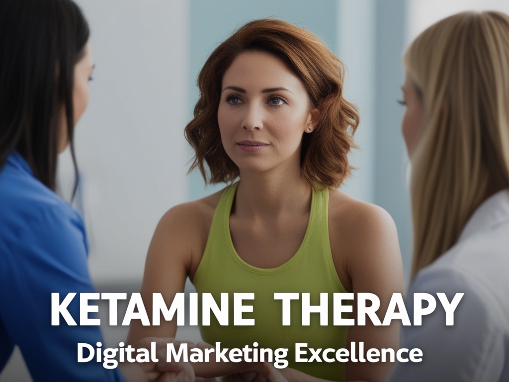 Three women are sitting in a meeting. The woman in the middle, with red hair and a green top, is engaged deeply in conversation. The text on the image declares, "Ketamine Clinic Digital Marketing Excellence. - Ketamine