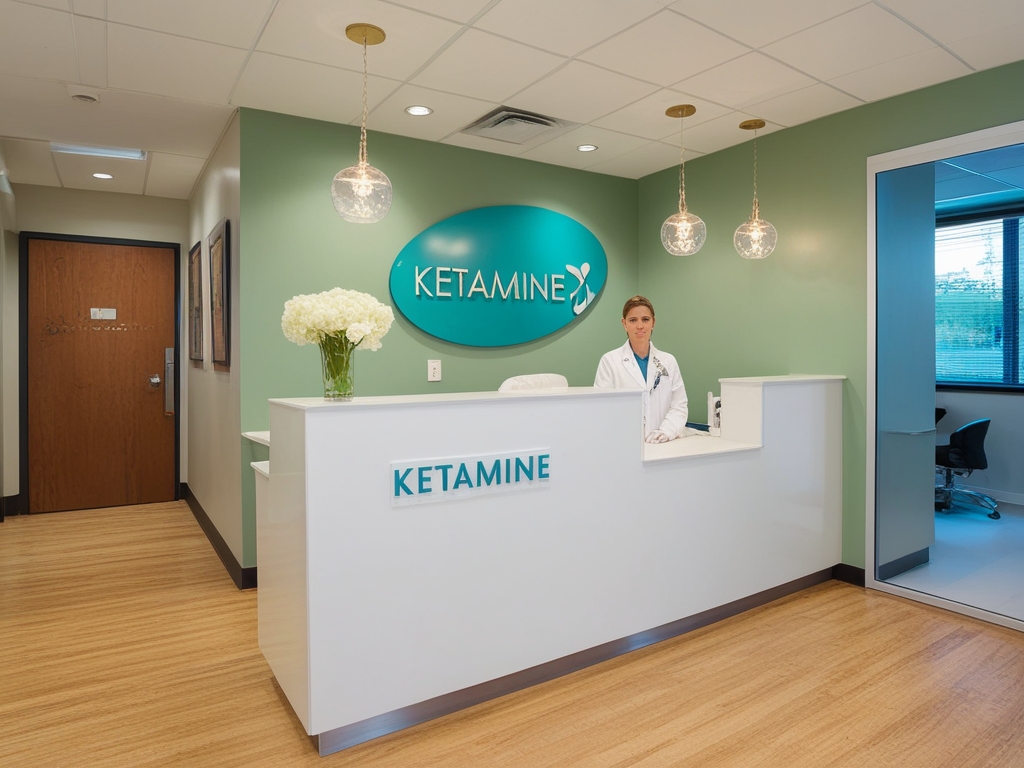 A receptionist in a white coat stands behind a white desk, welcoming ketamine therapy patients. The clinic, with its green walls and "KETAMINE" sign, is well-lit by hanging fixtures. A vase of white flowers adds a gentle touch to the tranquil atmosphere. - Ketamine