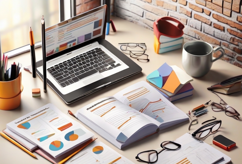 A cluttered workspace featuring an open laptop displaying charts related to ketamine therapy marketing, surrounded by open books and papers with graphs, eyeglasses, pens, and a mug. A brick wall and window are in the background. The scene suggests a focus on data analysis or study. - Ketamine