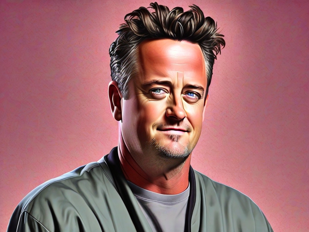 A digital illustration of a man reminiscent of Matthew Perry, with short hair and a light beard, wearing a gray jacket. He stands against a pink background, looking forward with a slight smile. - Ketamine