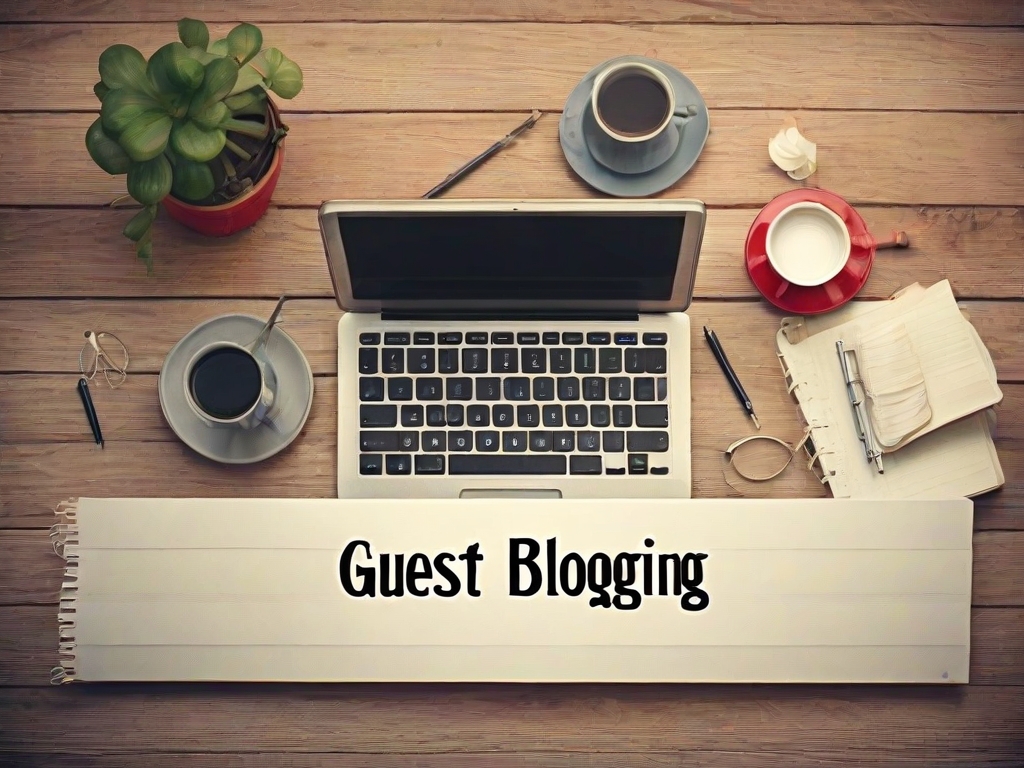 A laptop rests on a wooden table amidst three cups of coffee, a plant, a notebook with a pen, and a pair of glasses. The words "Guest Posting" are prominently displayed on an open book in front of the laptop. - Ketamine