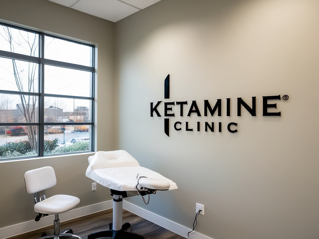 A modern medical room designed for ketamine therapy patients features a white treatment chair and stool. A window offers an exterior view while the wall displays "Ketamine Clinic" in bold, black letters. The space is marked by neutral-colored walls and wood flooring, creating a calm atmosphere. - Ketamine