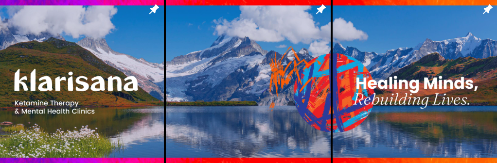 A scenic mountain landscape with a lake is divided into three sections. The first highlights "klarisana Ketamine Therapy & Mental Health Clinics," embracing innovative digital marketing, the second shows abstract orange designs, and the third states "Healing Minds, Rebuilding Lives. - Ketamine