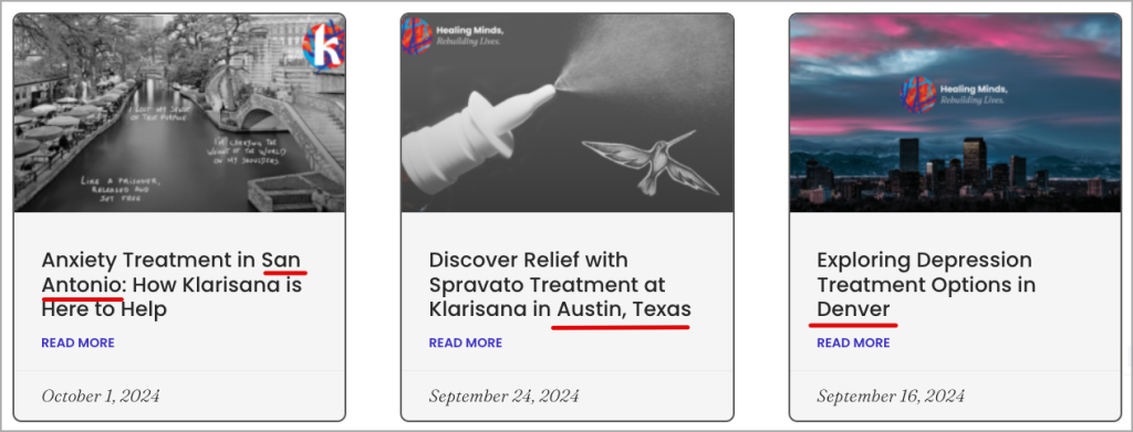 Three event cards feature upcoming sessions: Anxiety treatment in San Antonio on October 1, 2024; Spravato at an Austin ketamine clinic on September 24, 2024; and Depression treatment options in Denver on September 16, 2024. Each card includes a "Read More" link alongside the Healing Minds logo. - Ketamine