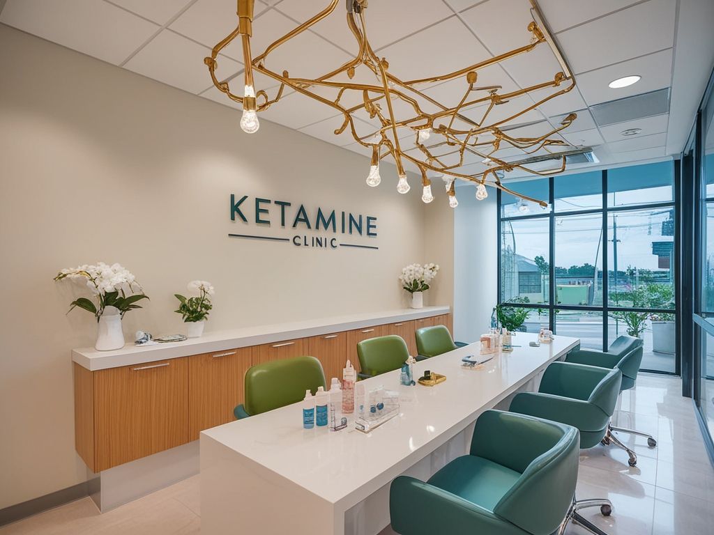 The Ketamine Clinic's interior boasts a white reception desk lined with green chairs, enhancing its Google Business Profile visibility. Various medical supplies sit on the desk, and white orchids add elegance. The clinic's name graces the wall while large windows flood the space with natural light. - Ketamine