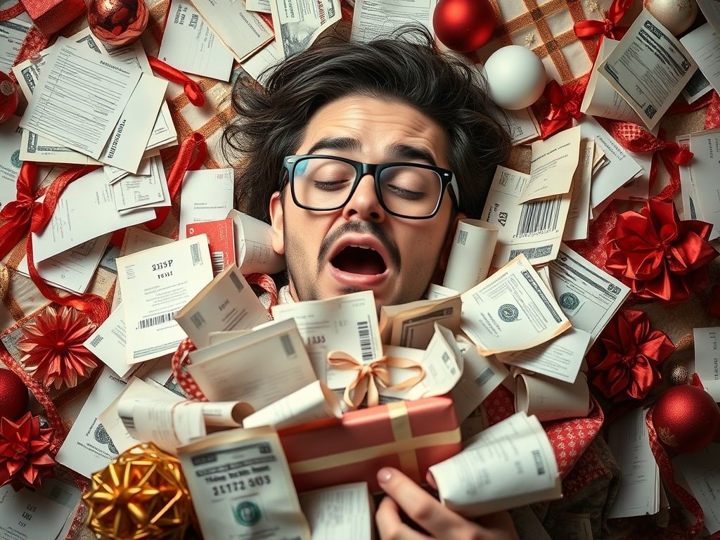 A person with glasses lies surrounded by numerous gift boxes and receipts, embodying holiday anxiety. The overwhelmed individual has eyes closed and mouth open. Decor includes red ribbons and ornaments, set on a checkered fabric background, accentuating the seasonal stress. - Ketamine