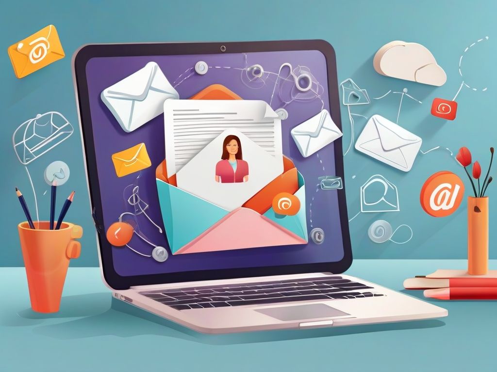 A laptop displays an email marketing interface with floating icons and envelopes symbolizing digital communication. A file with a person's profile picture is prominently featured. A cup with pencils and scattered papers depict patient appointment slots visible on the desk. - Ketamine