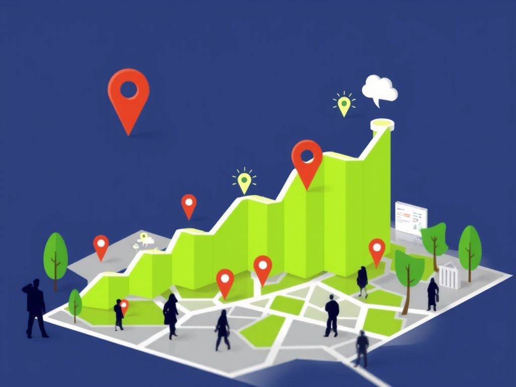 An abstract illustration depicting a three-dimensional map with a green upward graph and red location pins, symbolizing Local SEO. Small figures walk along the map, surrounded by trees and lightbulb icons, against a blue background. - Ketamine