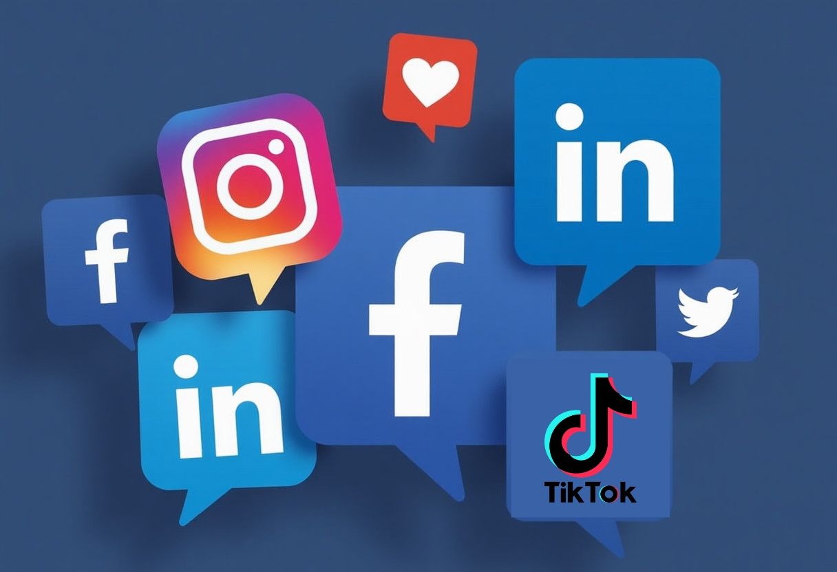 Illustration featuring social media icons in blue speech bubbles, including Facebook, Instagram, LinkedIn, TikTok, and Twitter logos with a heart symbol above. The composition captures the vibrant essence of social media against a dark blue gradient background. - Ketamine