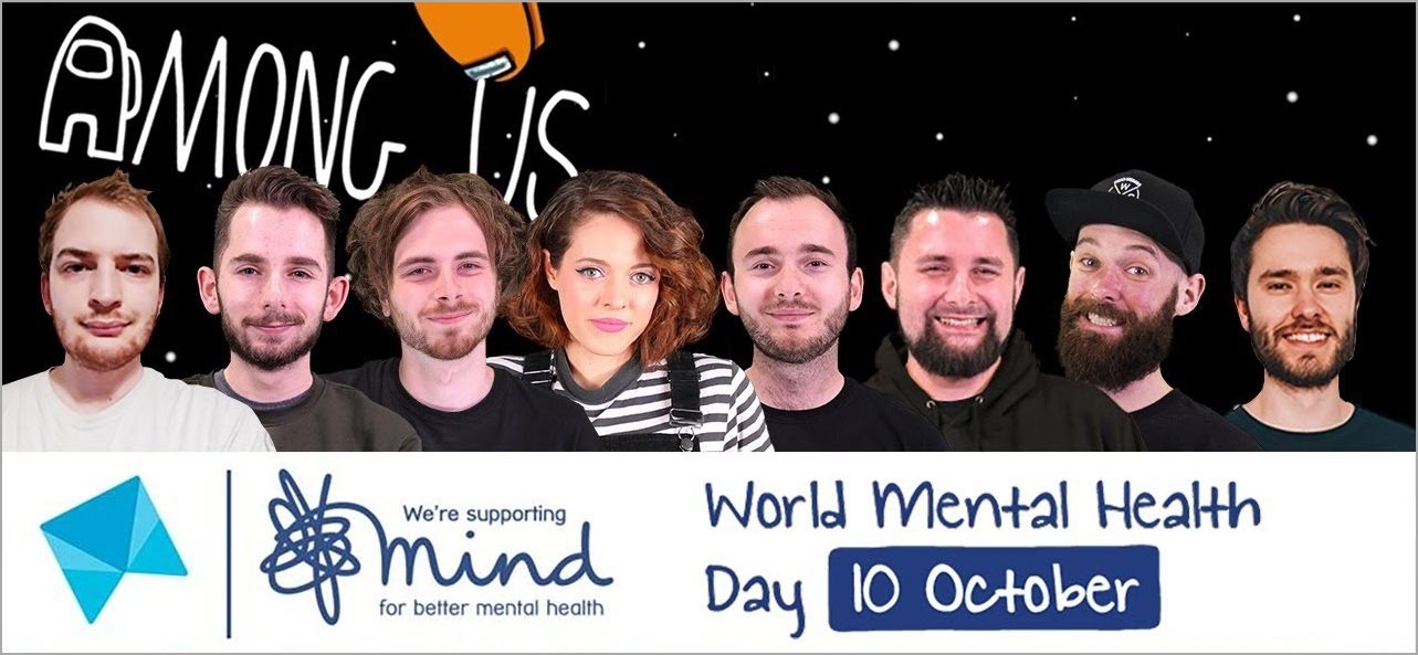 A group of eight people are posing in front of a black background with white dots, resembling space. Above them, text reads "Among Us." Below, a banner with the Mind charity logo and text saying "We're supporting Mind for better mental health. World Mental Health Day 10 October," promoting awareness about ketamine therapy. - Ketamine