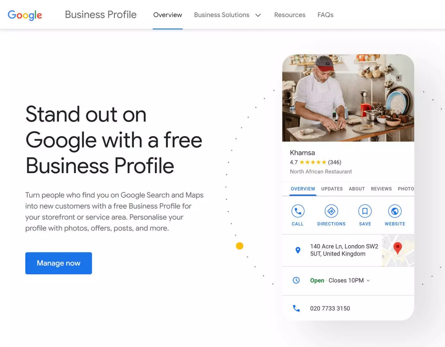 Screenshot of a Google Business Profile promotional page. Text on the left reads, "Stand out on Google with a free Business Profile." On the right, an example business flaunts detailed info such as name, address, hours, and contact details. - Ketamine