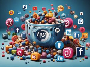 A bowl filled with colorful, rounded pieces resembling social media icons. Various social media logos such as Instagram, Facebook, Pinterest, and LinkedIn are floating around the bowl against a blue background. - Ketamine