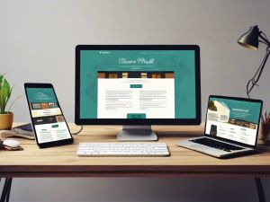 A desk displays a desktop computer, laptop, and tablet showing the same website. The website has a teal background with white text and images. A lamp, notebook, and pen are also on the wooden desk. The setting suggests a workspace. - Ketamine