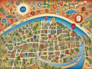 Colorful illustrated map of a town, featuring winding roads, various landmarks, and icon markers. A river flows across the map, bordered by trees and buildings. The sun, compass, and different symbols are artistically represented above the map. - Ketamine