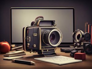 A large vintage camera is on a wooden desk, with a computer monitor behind it, a modern camera beside it, and various office supplies scattered around. An apple and a stack of books are also visible in the background. - Ketamine