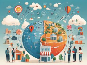 Illustration of a globe divided into two halves, depicting cityscapes and rural areas with various digital icons and symbols representing communication and connectivity. People are interacting with each other and using electronic devices around the globe. - Ketamine