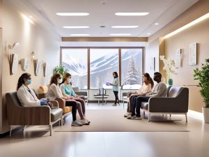 A waiting room with a mountain view through large windows. Several people are seated, including some wearing masks. A person stands reading a clipboard. The room has modern decor, plants, and artwork on the walls. - Ketamine