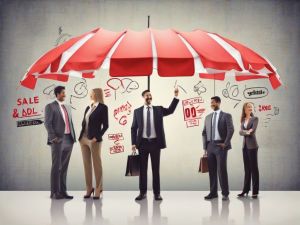 A group of five businesspeople stand under a large red umbrella, discussing ideas. The background has business-related doodles and text, including words like "SALE & ADL" and "STRATEGIC." They are dressed in formal attire and holding briefcases. - Ketamine