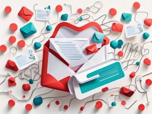 A digital illustration featuring a large open envelope with letters inside, surrounded by smaller envelopes, wires, and circular shapes in red and teal colors, on a light background. - Ketamine