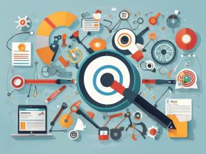 Illustration of a large target surrounded by various tools and gears. A magnifying glass is placed over the target, symbolizing focus. Nearby are documents, charts, a laptop, and mechanical components, suggesting a theme of strategy and analysis. - Ketamine