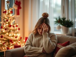 A woman with a bun hairstyle sits on a couch, holding her head with one hand, her beige sweater adding to the warmth of the scene. A decorated Christmas tree with lights and red ornaments glows in the background. Despite the cozy holiday setting, an air of quiet anxiety lingers around her. - Ketamine