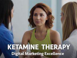 Three women are sitting in a meeting. The woman in the middle, with red hair and a green top, is engaged deeply in conversation. The text on the image declares, "Ketamine Clinic Digital Marketing Excellence. - Ketamine