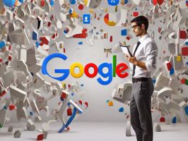 A man in a shirt and tie stands holding a tablet, surrounded by a colorful, abstract array of digital and technological symbols. The prominent Google logo is displayed centrally among the floating icons, emphasizing the importance of managing one's Google Business Profile in this digital landscape. - Ketamine