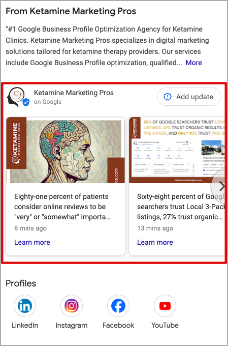 A social media post by Ketamine Marketing Pros features an article about patient considerations alongside a graphic showcasing Google search statistics. Highlighting the importance of a strong Google Business Profile for visibility, icons for LinkedIn, Instagram, Facebook, and YouTube are displayed at the bottom. - Ketamine