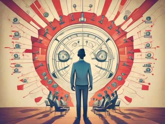 A person stands in front of a large clock-like structure with red and white stripes. Around the clock, people are seated, working on laptops. Small devices resembling cameras or microphones are scattered around the clock face. - Ketamine