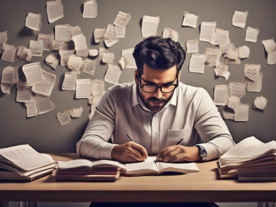 A man wearing glasses is seated at a desk, writing in a notebook. He is surrounded by open books, and numerous pages are scattered on the wall behind him. The setting suggests a focused and studious atmosphere. - Ketamine