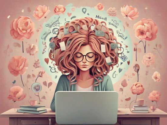 A woman with curly hair, wearing glasses, sits in front of a laptop surrounded by floating flowers. Her hair features books, leaves, and text snippets in various languages. The background is pink with floral designs. - Ketamine