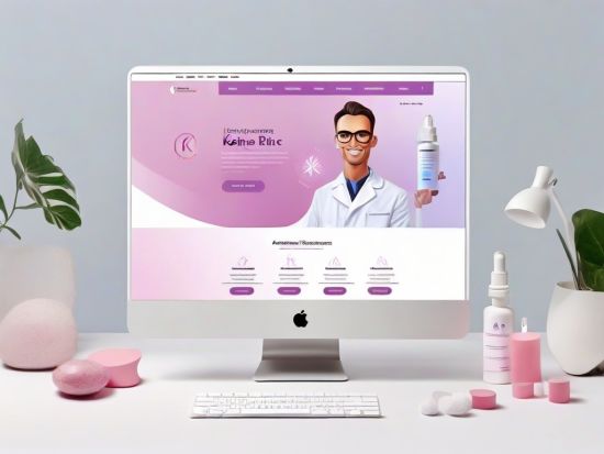 A computer screen displays a website for skincare brand Keime Rinc. The site features a smiling cartoon figure in a lab coat, pink and purple design elements, and skincare products. Surrounding the monitor are plants, bottles, and beauty sponges. - Ketamine