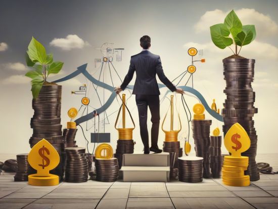 A man in a suit stands on a podium surrounded by stacks of coins with plants growing and golden dollar symbols. Charts and graphs are in the background, suggesting themes of financial growth and investment. - Ketamine