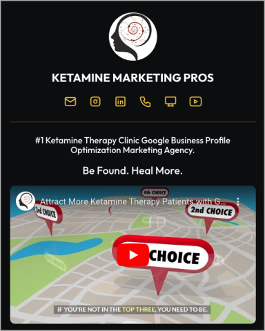 Screenshot of "Ketamine Marketing Pros" website. The header prominently displays social media and contact icons. Below, a video titled "Attract More Ketamine Therapy Patients" features map pins with rankings like "1st CHOICE" and "3rd CHOICE. - Ketamine