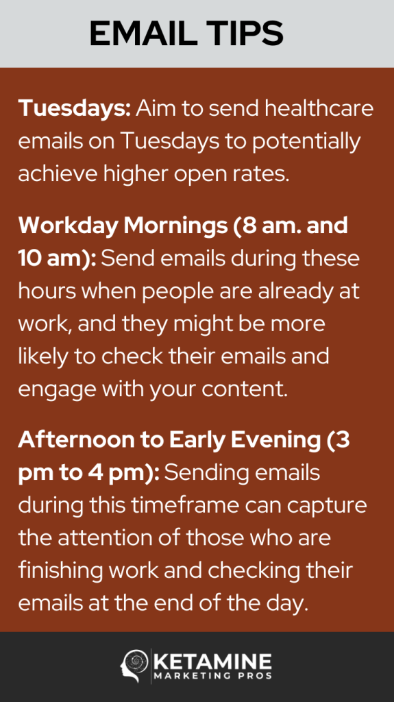 Email tips are displayed on a brown background, emphasizing ketamine patient email marketing strategies. Tips include sending healthcare emails on Tuesdays, between 8 and 10 am or from 3 pm to 4 pm for improved engagement. The footer proudly features the logo of Ketamine Marketing Pros. - Ketamine