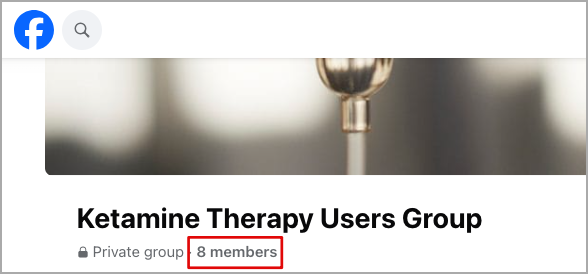 Screenshot of a Facebook private group page titled "Ketamine Therapy Users Group." With just 8 members, this close-knit social media community offers support and insight. A blurred image hints at an IV drip in the background, adding to the group's focused discussions. - Ketamine