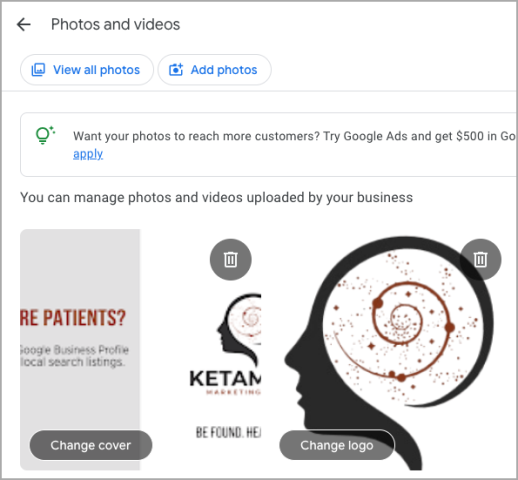 A screenshot showcasing a Google Business Profile interface highlights SEO-friendly options for managing photos and videos. The cover photo's text is partially visible, while the logo, ideal for a Ketamine Clinic, presents a spiral design within a head silhouette. - Ketamine