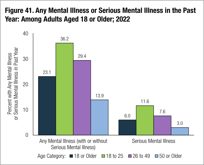 Bar chart titled "Figure 41. Any Mental Illness or Serious Mental Illness in the Past Year: Among Adults Aged 18 or Older; 2022." It shows percentages of mental illness by age group: 18-25, 26-49, and 50 or older, with data for both any mental illness and serious mental illness among ketamine therapy patients. - Ketamine