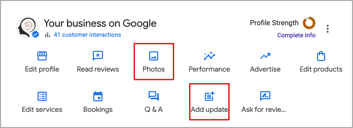 Google Business Profile dashboard with icons for Edit profile, Read reviews, Photos, Performance, and Advertise. Features include Edit products, services, Bookings, Q&A, Add update, and Ask for reviews. "Profile Strength" tracks completeness—ideal for Ketamine Clinic's online SEO strategy. - Ketamine