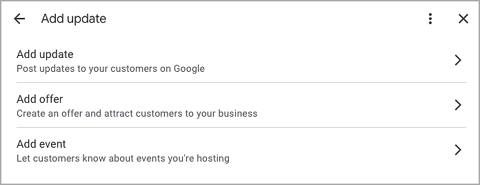 Screenshot of the "Add update" menu on Google Business Profile, featuring options to post updates for increased visibility, create offers to attract customers, and inform them about upcoming events at your Ketamine Clinic. - Ketamine