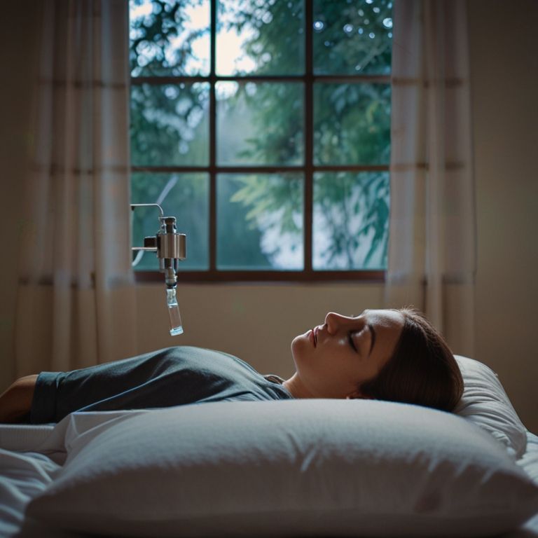 A person lies in bed with a relaxed expression, eyes closed, under a device emitting light. The room is softly lit, with sheer curtains and a window showing blurred trees outside. The atmosphere is serene and tranquil, providing an escape from anxiety and everyday stress. - Ketamine